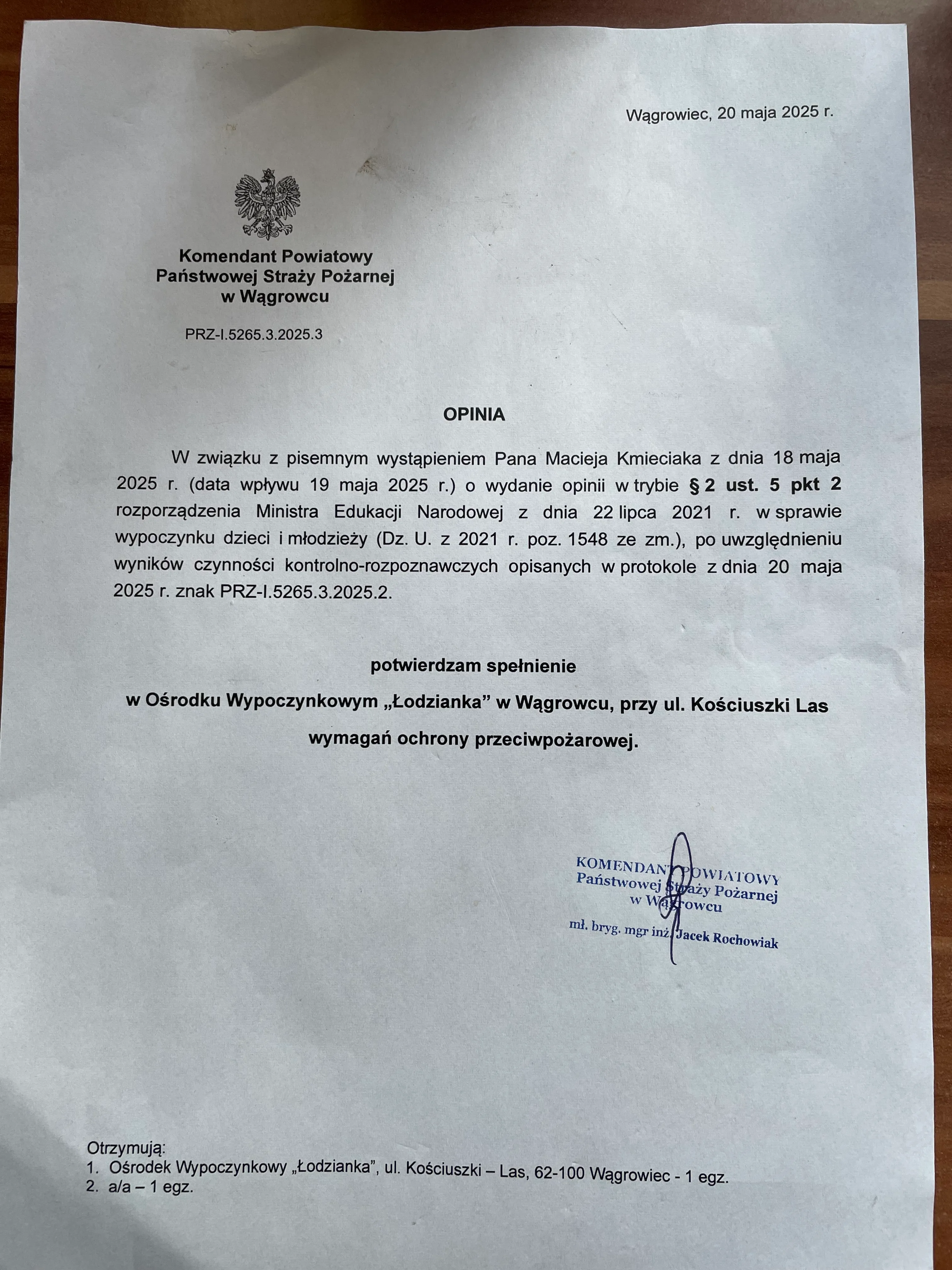 Instrukcja ochrony przeciwpożarowej Ośrodka Wypoczynkowego Łodzianka, dokument wywieszony na terenie ośrodka